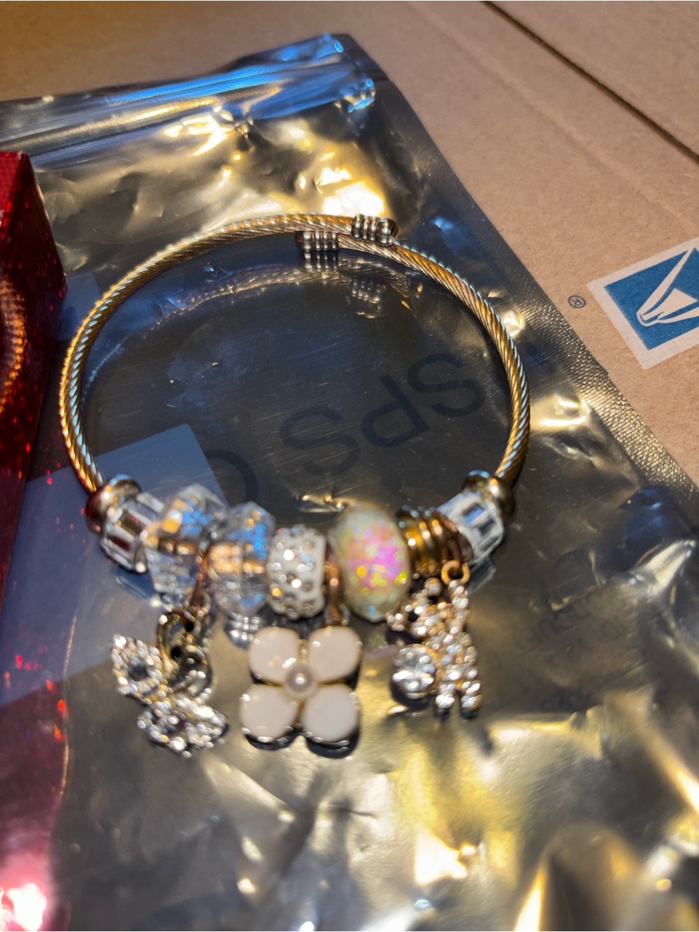 Gold Floral Charm Bangle Bracelet with White Enamel Flower
